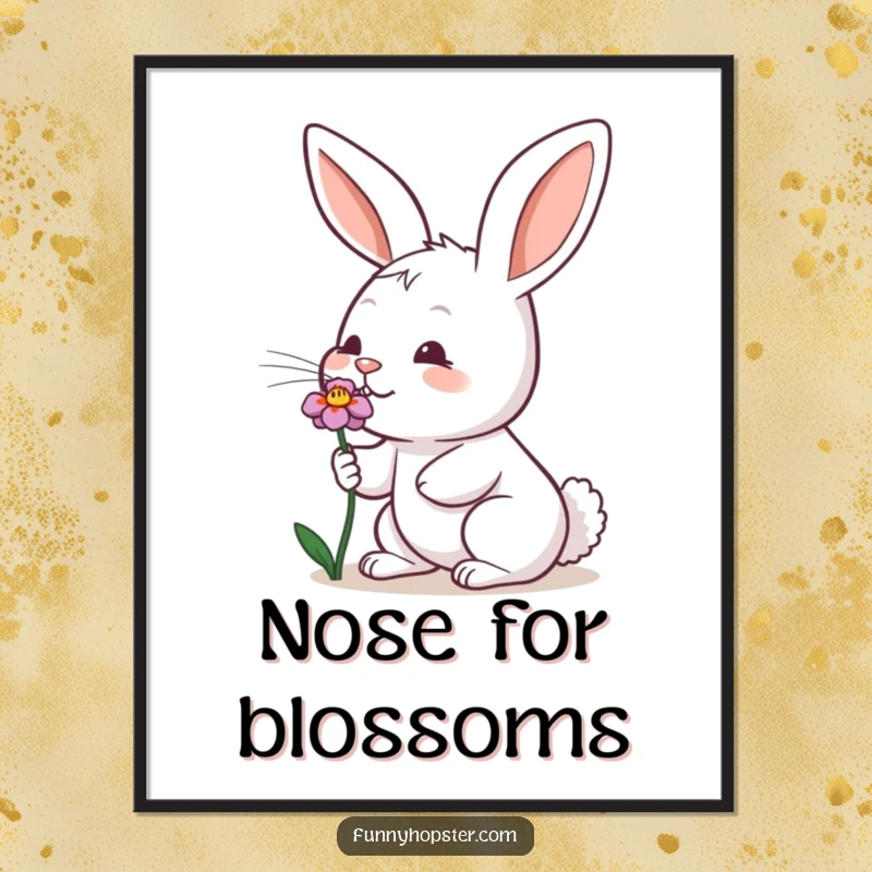 Funny digital art print of a rabbit enthusiastically wiggling its nose while sniffing a flower, printable decor.