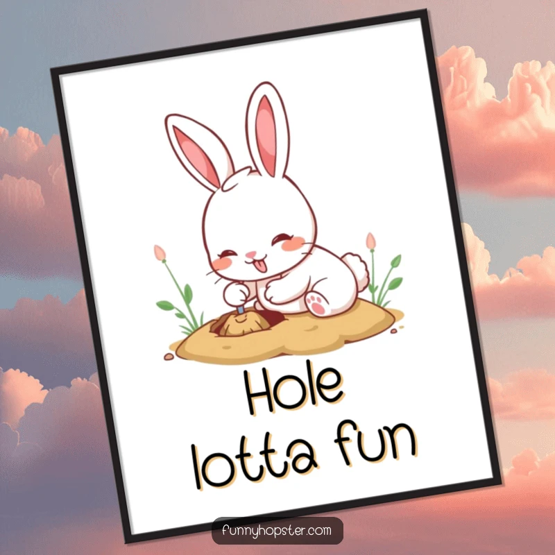 Funny kawaii rabbit digital art print of a cute bunny digging a hole with comical energy and a happy expression.