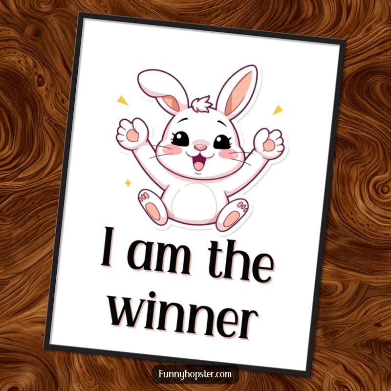 Funny Bunny Celebration Digital Art Print: High-res art of a bunny cheering with paws up, radiating joy, perfect funny gift download.