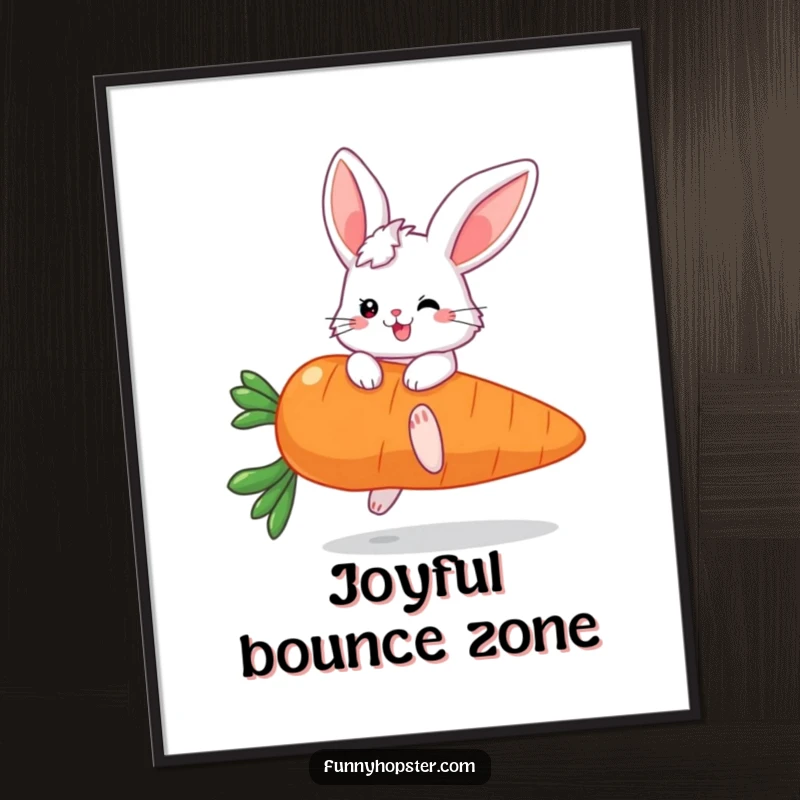 Funny digital art print of a fluffy bunny character with enormous ears joyfully bouncing on a giant carrot, full of vibrant energy.