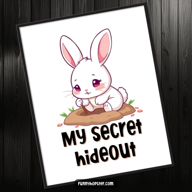 Funny digital art print of a cute pink-eyed rabbit excitedly digging a hole with its tiny paws, full of playful energy.