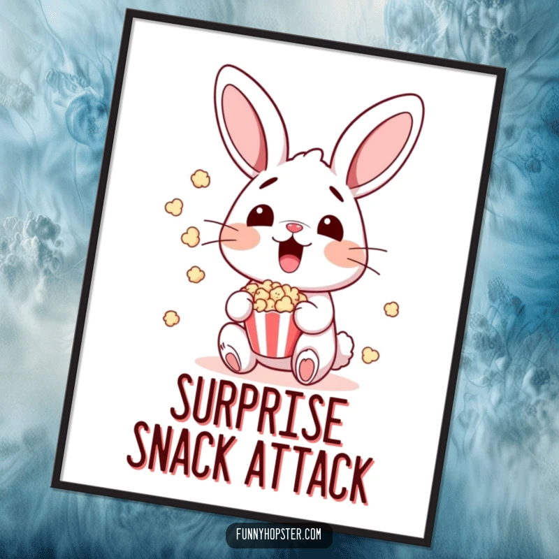 Funny bunny character startled by flying popcorn, vibrant digital art for a funny print.