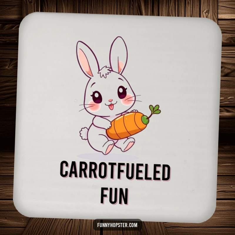 Funny drink coasters featuring a playful rabbit character chasing a bouncing carrot, adding dynamic fun to any table setting.