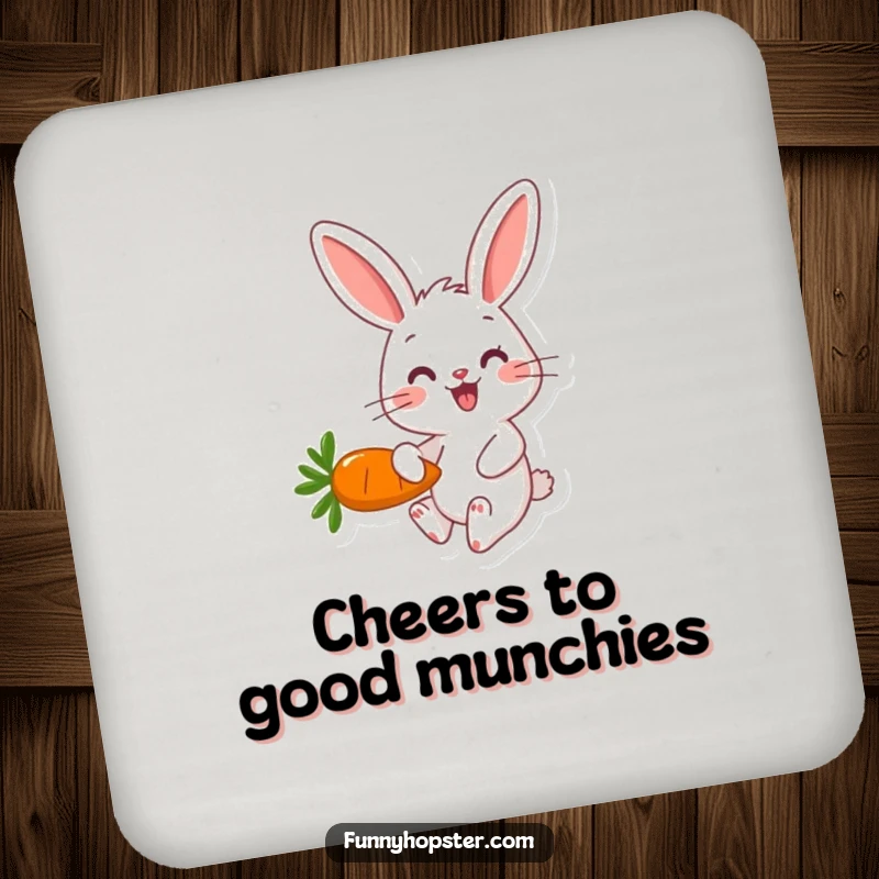 Funny happy rabbit character hopping with a carrot on a protective and cheerful drink coaster.