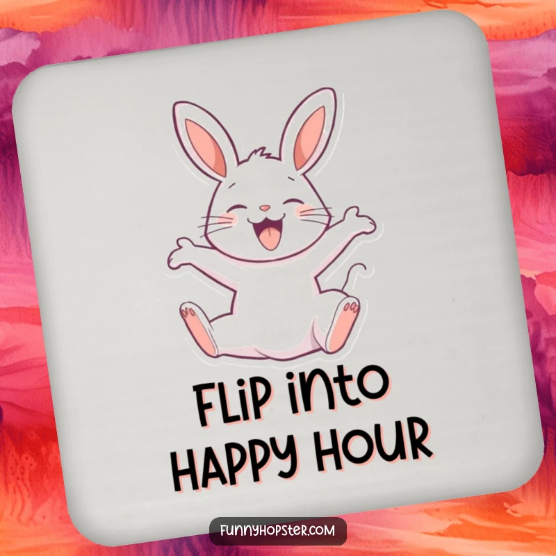 Funny drink coasters featuring a joyful rabbit character performing a happy backflip, bringing dynamic fun and exuberance to tabletops.