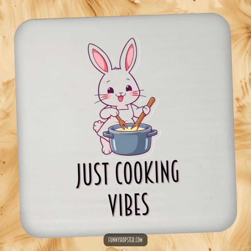 Funny chef rabbit in a tiny apron, stirring a pot, showcased on a set of drink coasters for kitchen and bar protection.