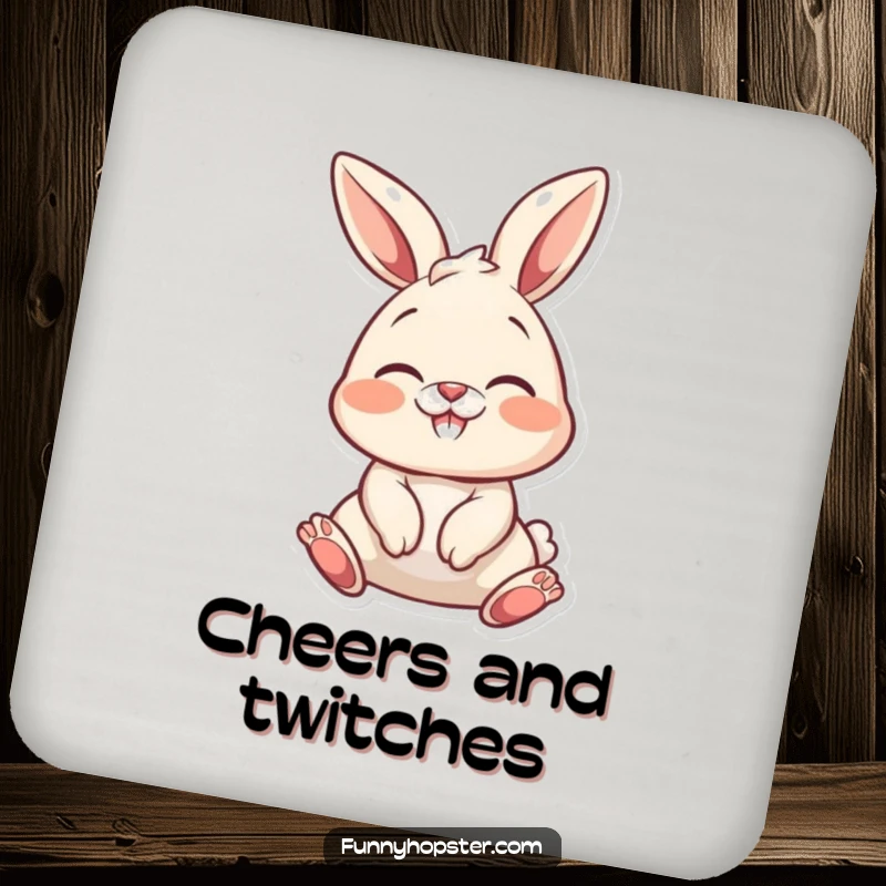 Funny bunny character wiggling its nose with delight, designed for a drink coaster, bringing humor.