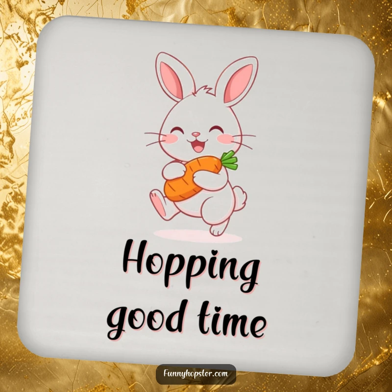Funny Kawaii Rabbit Drink Coaster: Protective coaster with a cute hopping bunny and carrot design, perfect for parties.