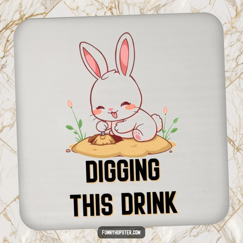 Funny kawaii rabbit drink coasters depicting a cute bunny digging with infectious enthusiasm, protecting your furniture stylishly.
