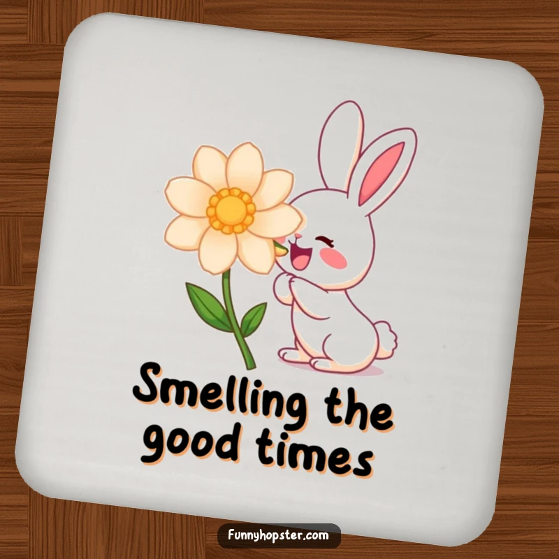 Funny kawaii rabbit character sniffing a large flower, designed for a drink coaster, bringing cute humor.