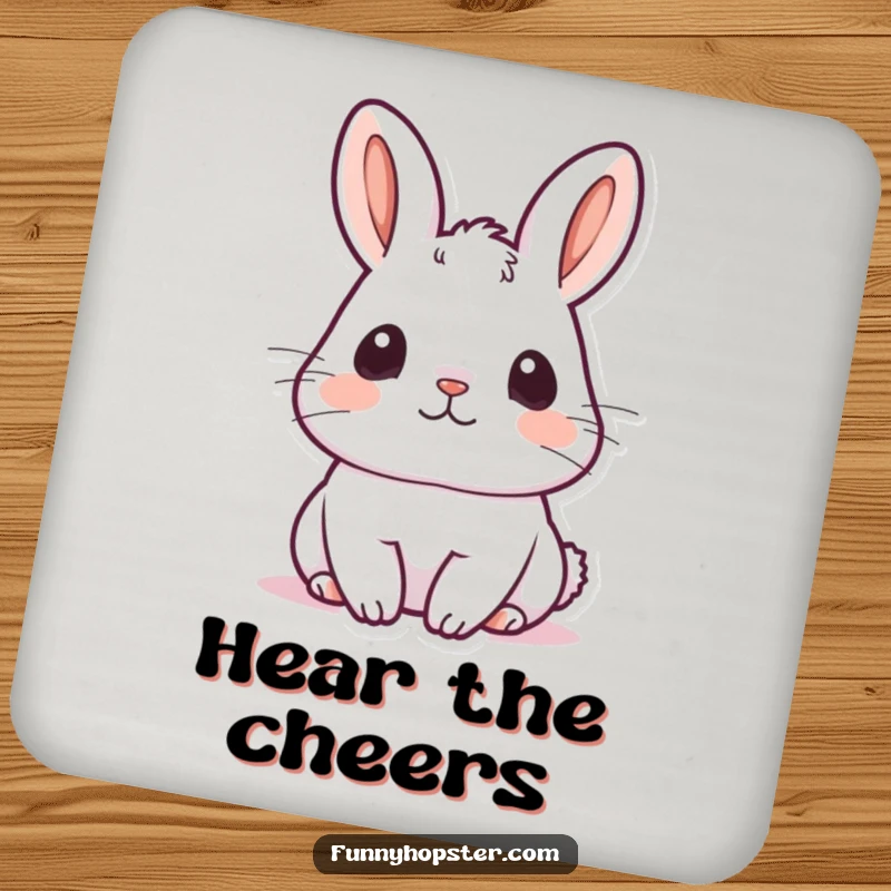 Funny kawaii rabbit drink coasters depicting a cute bunny with ears perked up, listening intently, perfect for a calm setting.