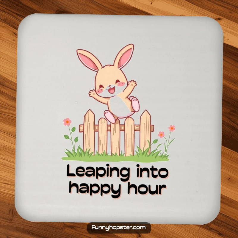 Funny rabbit character leaping with pure delight over a small garden fence, showcased on a set of drink coasters.