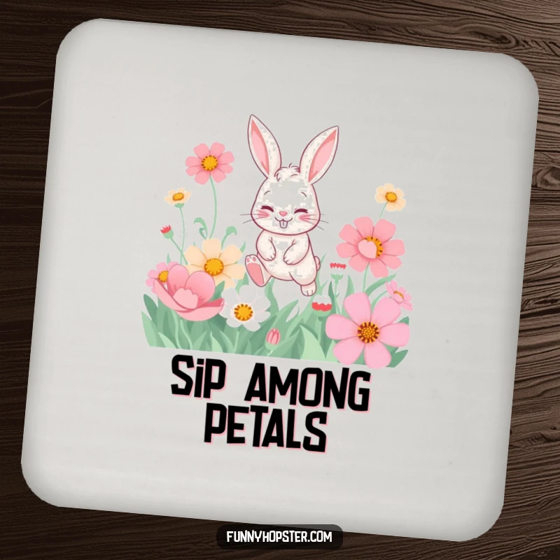 Funny drink coaster with a playful rabbit and a mischievous grin hopping through oversized flowers, adding whimsical charm.
