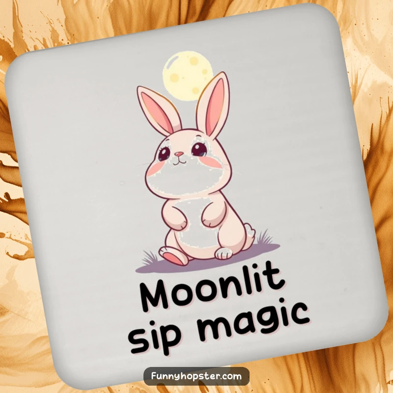 Funny coaster featuring a rabbit character gazing at the moon, evoking wonder and tranquility.