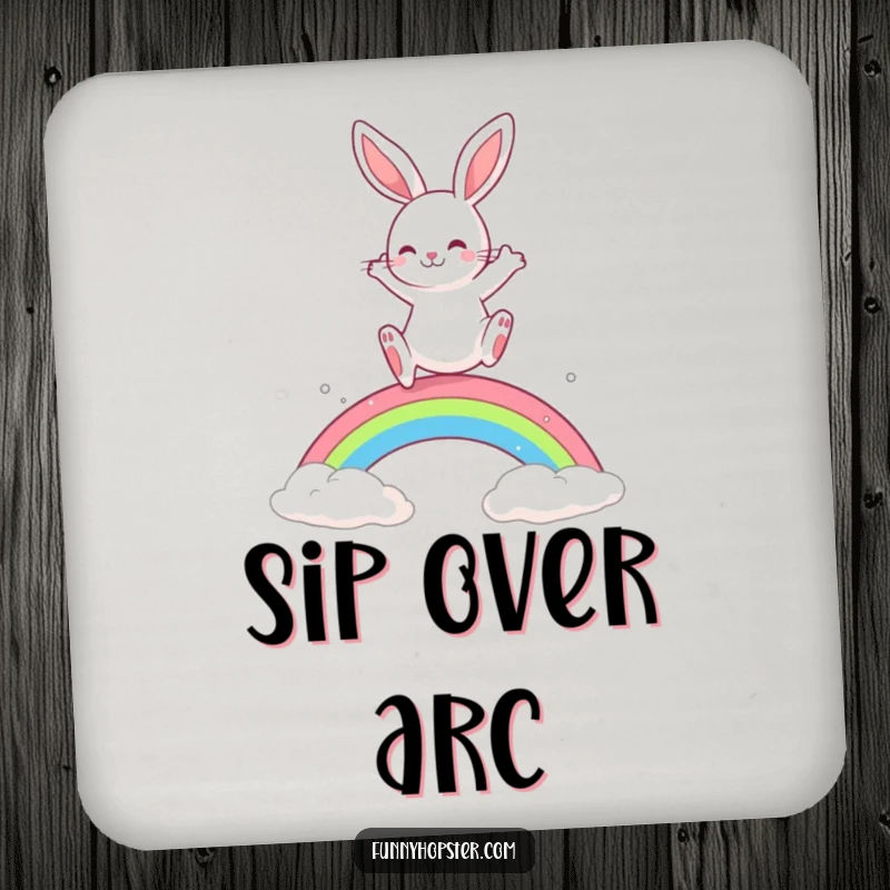 Funny Rabbit Coaster: A playful rabbit leaps over a rainbow, adding cheer and color to drinks.