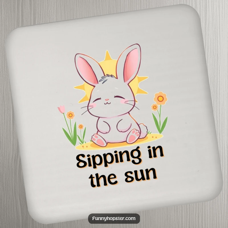 Funny rabbit character basking in the sun, eyes closed in contentment, showcased on a set of drink coasters.