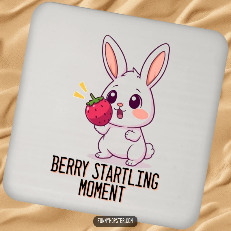 Funny drink coaster with a rabbit, eyes wide, surprised by a bouncing berry, protecting surfaces.