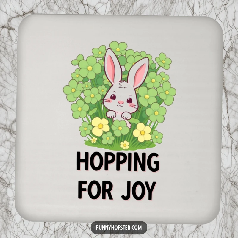 Funny rabbit peeking from a clover patch on a drink coaster, protecting tables with luck and humor, a delightful funny gift.