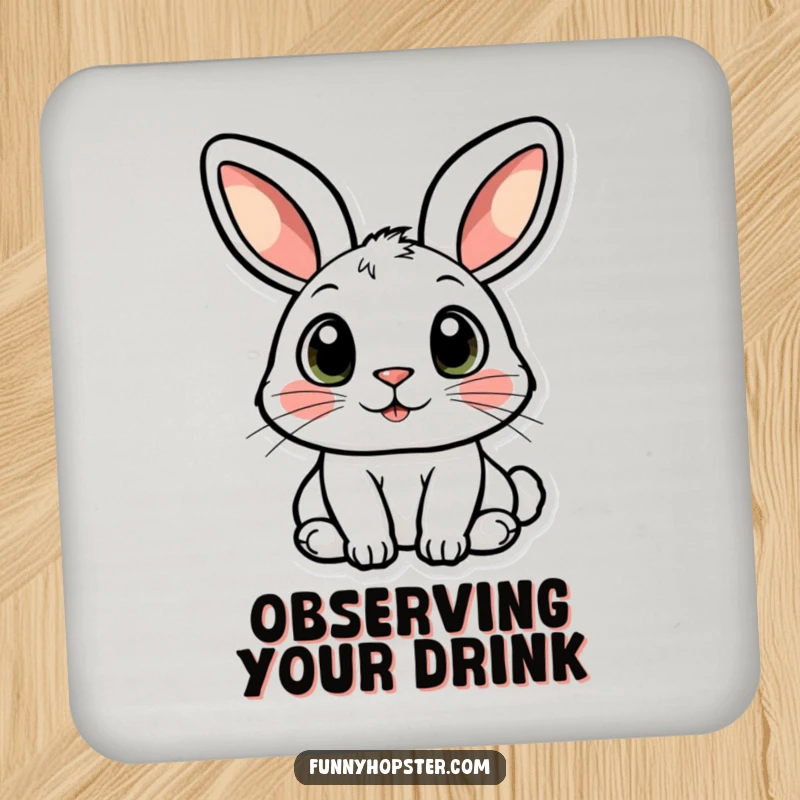 Funny coaster featuring a rabbit character with large, curious eyes, adding a touch of intrigue to surfaces.
