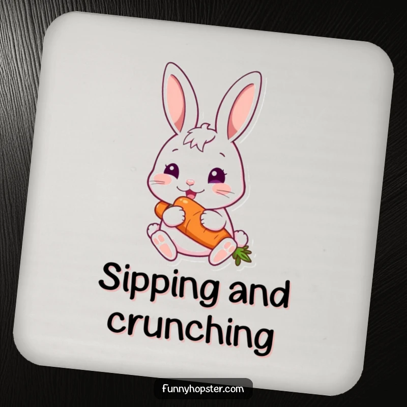 Funny rabbit happily nibbling a carrot, designed for a drink coaster, bringing cute humor.