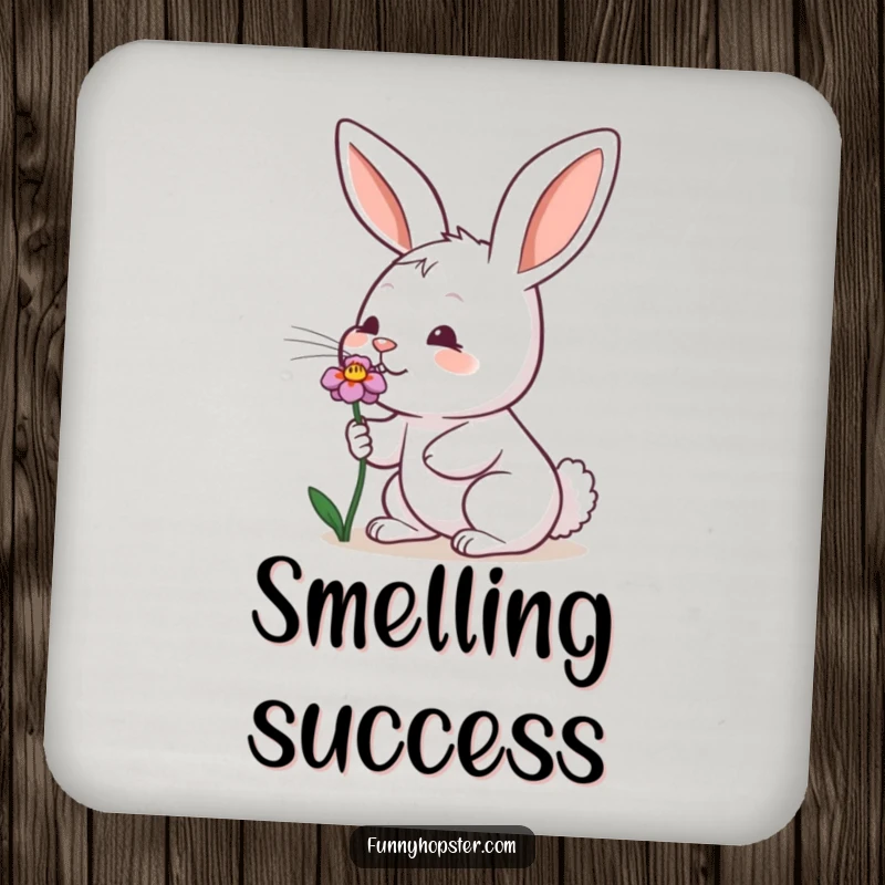 Funny drink coaster with a rabbit wiggling its nose while sniffing a flower, protecting surfaces.