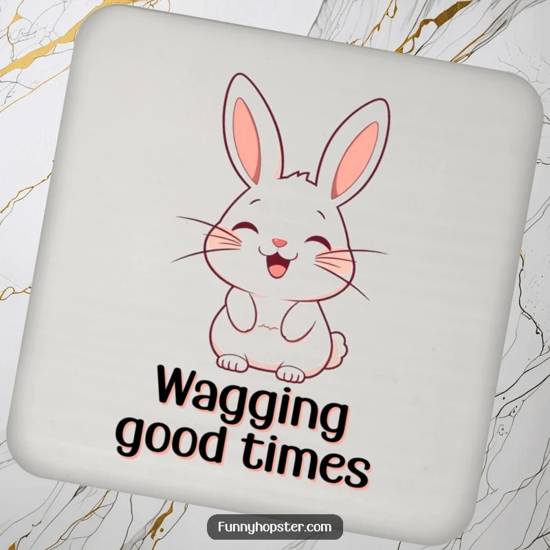 Funny drink coaster featuring a stylized rabbit character with exaggerated whiskers wagging with pure delight, adding whimsical charm.