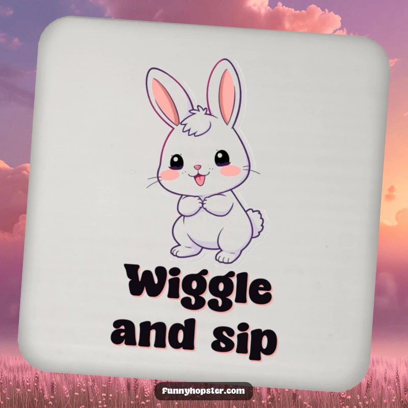 Funny drink coaster featuring a giddy rabbit with its tail wiggling excitedly, protecting surfaces with cheerful humor.