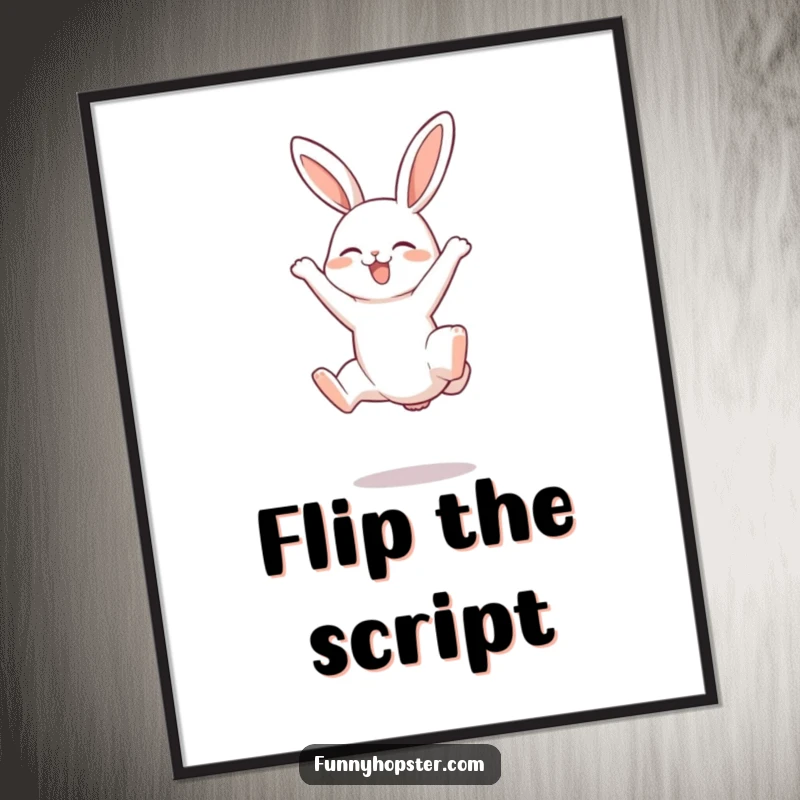 Funny poster print of a rabbit character in a joyful somersault pose with its legs in the air, conveying pure fun.