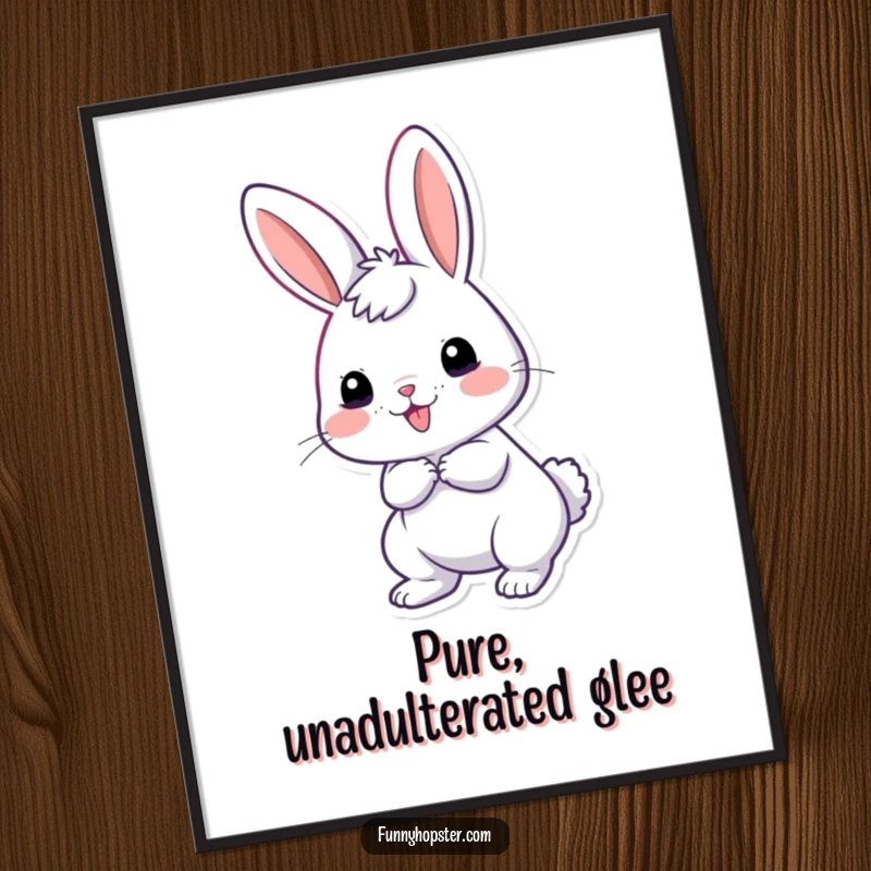 Funny poster showcasing a giddy rabbit with its tail wiggling excitedly, creating a joyful and humorous piece of wall art.