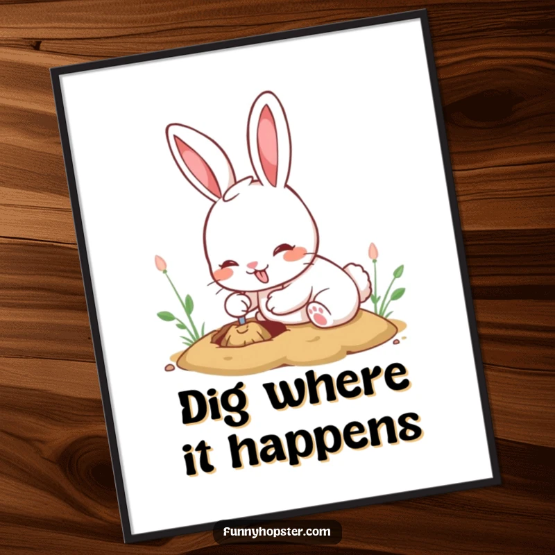 Funny kawaii rabbit poster featuring an adorable bunny digging a hole with immense enthusiasm and a look of playful determination.