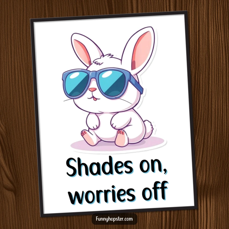 Funny poster showcasing a cute kawaii rabbit wearing large sunglasses, basking in the sun with a cool and relaxed expression.