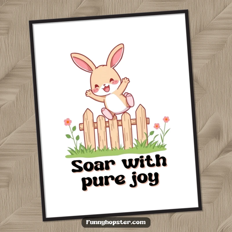 Funny rabbit character leaping with pure delight over a small garden fence, displayed as energetic wall art for any room.