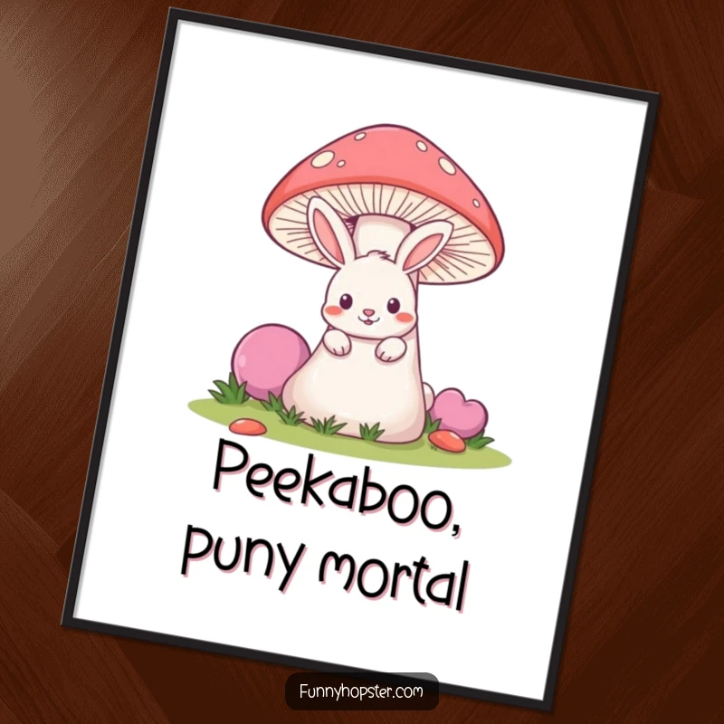 Funny poster print of a mischievous rabbit peeking slyly from behind a giant mushroom, adding a playful touch.