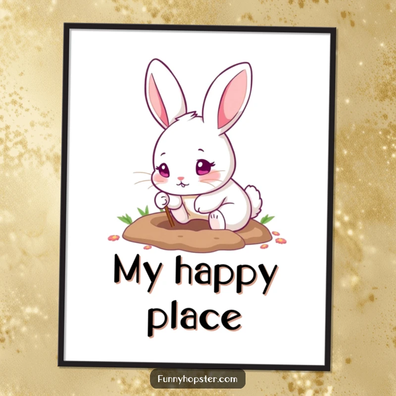 Funny poster of a cute rabbit with pink eyes excitedly digging a hole with its tiny paws, radiating pure determination.