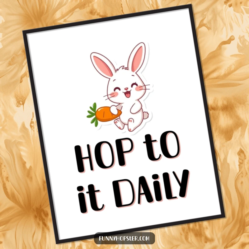 Funny happy rabbit character hopping joyfully with a carrot, presented as cheerful wall art.