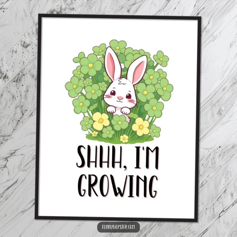 Funny curious rabbit peeking from a giant clover patch, artistic wall decor, bringing luck and humor, an excellent funny gift.