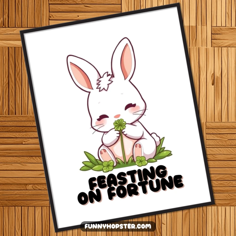 Funny Rabbit Poster: An art print of a rabbit gently nibbling a clover, evoking feelings of peace, nature, and good luck.