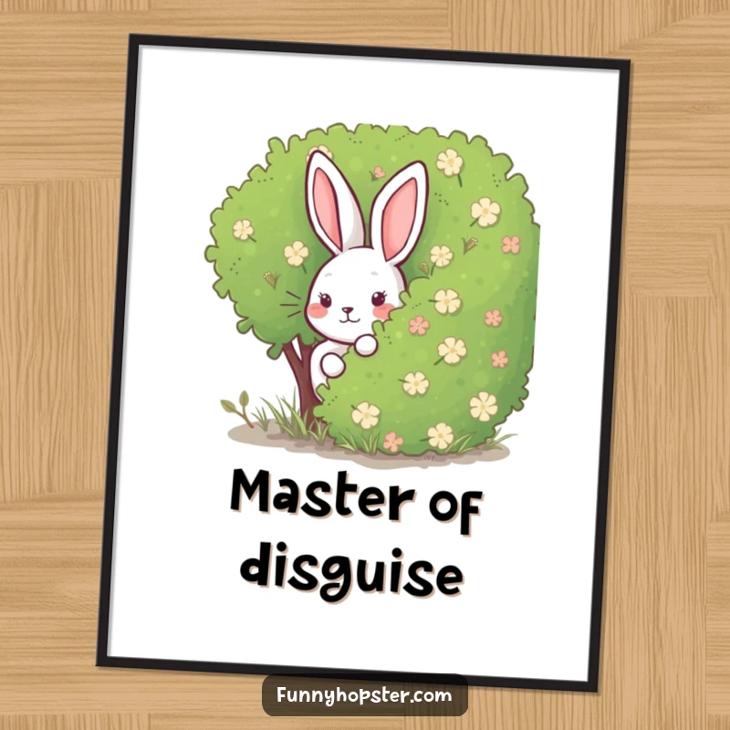 Funny Rabbit Poster: An art print showing a rabbit playfully hiding behind a bush, evoking a sense of fun, curiosity, and gentle surprise.