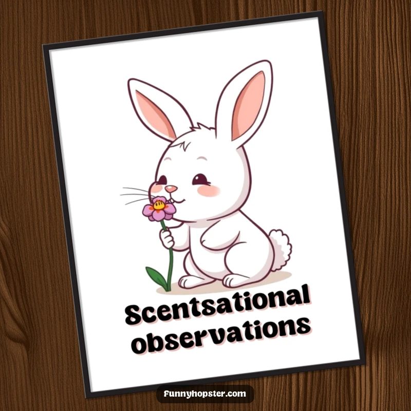 Funny poster print of a rabbit enthusiastically wiggling its nose while deeply sniffing a colorful flower.