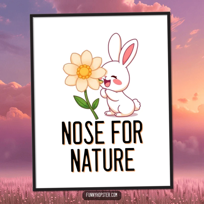 Funny kawaii rabbit character deeply inhaling the scent of a giant flower, conveying extreme happiness, perfect for a funny poster.