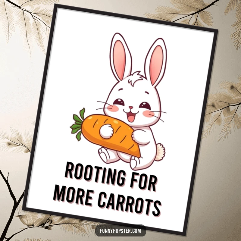 Funny poster print of a cheerful rabbit with perked ears, gleefully munching on an enormous carrot, bringing smiles.