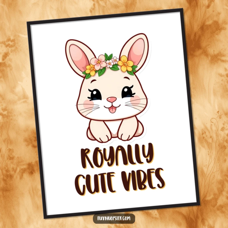 Funny poster of a smiling rabbit wearing a tiny flower crown, adding a touch of whimsical art and happiness to any wall.