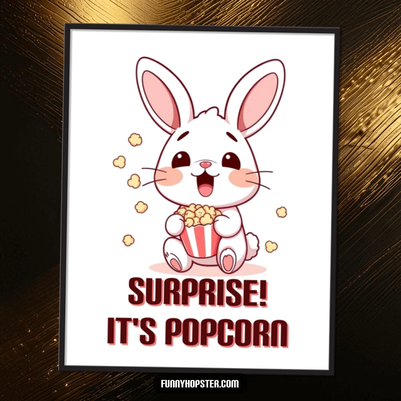 Funny bunny character looking shocked as popcorn flies wildly around it, perfect for a funny poster.