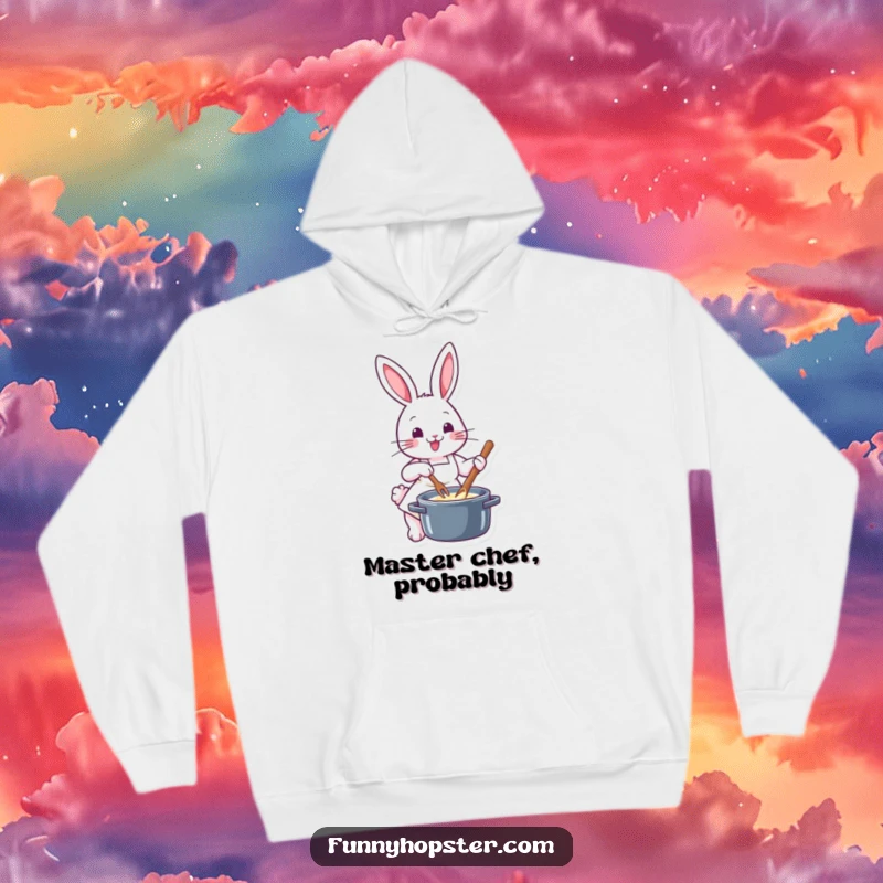 Funny chef rabbit in a tiny apron, stirring a pot enthusiastically, printed on a cozy hoodie for ultimate comfort and humor.