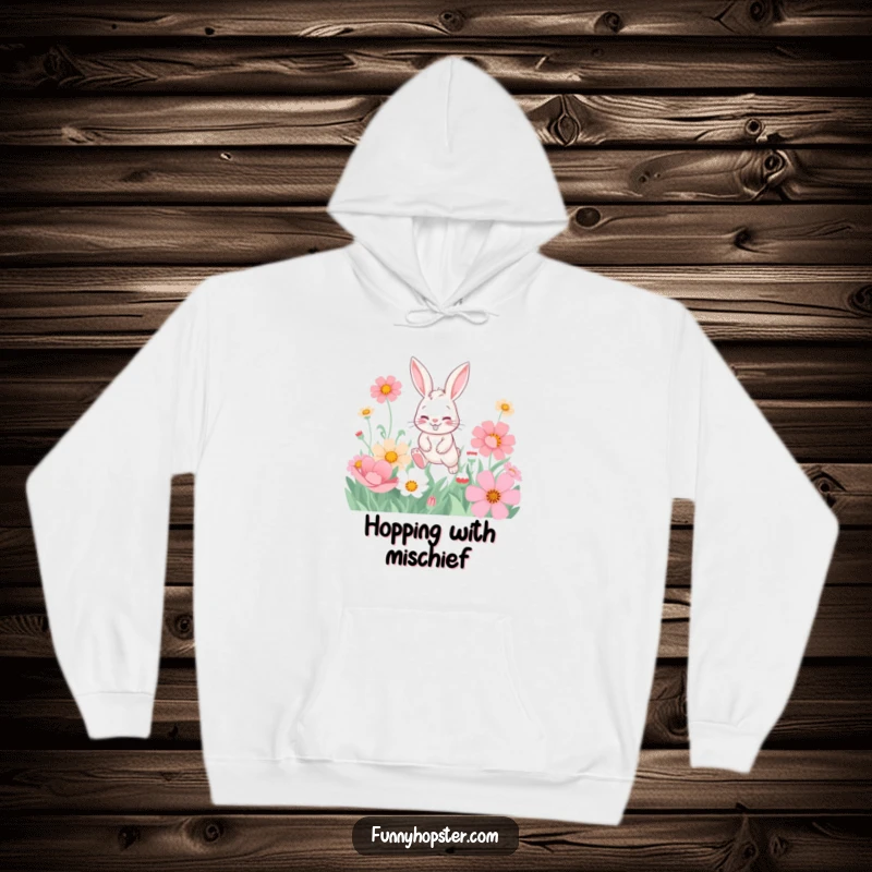 Funny hoodie showcasing a playful rabbit character with a cheeky, mischievous grin as it hops through massive flowers.