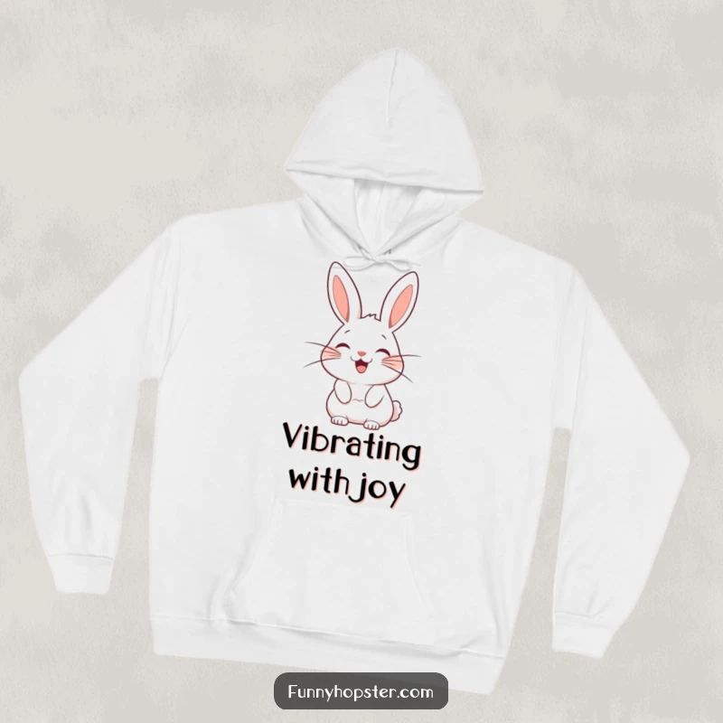 Funny hoodie showcasing a stylized rabbit character with prominent, exaggerated whiskers wagging with absolute delight.