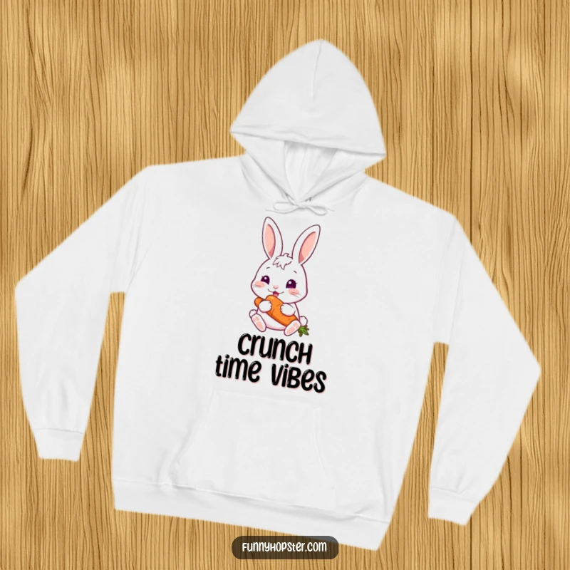Funny rabbit happily munching on a carrot, perfect for a cozy funny hoodie.