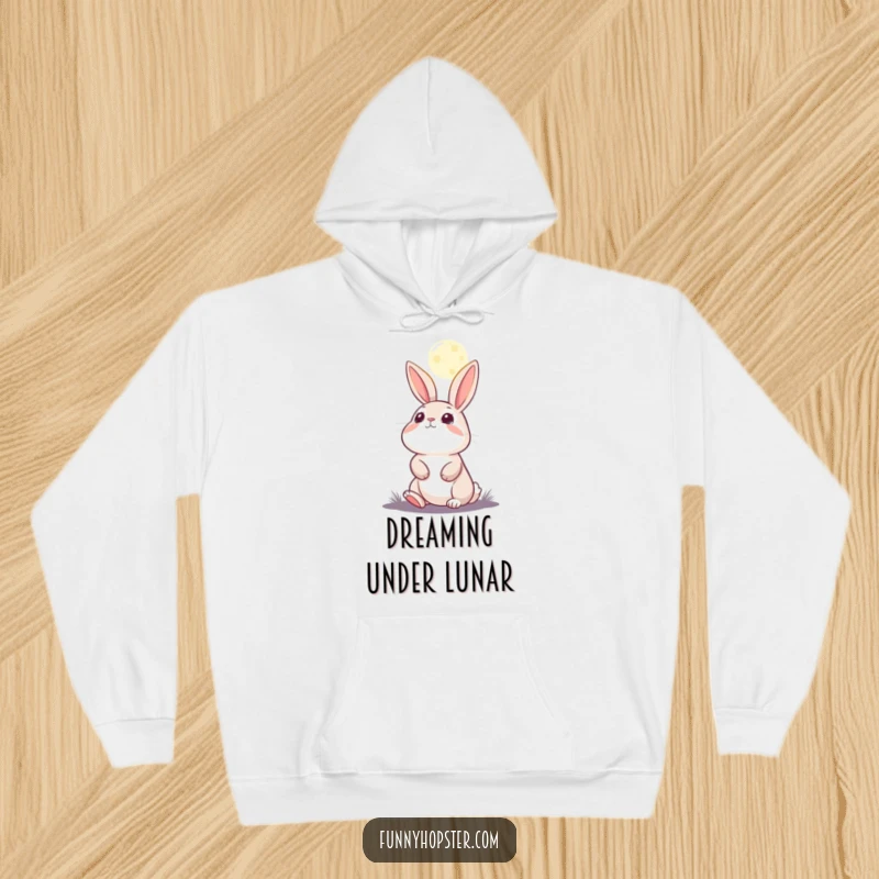 Funny hoodie with a charming rabbit character looking up at the moon, evoking a sense of peace and wonder.