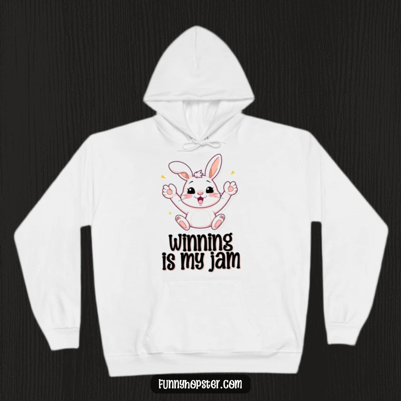 Funny Bunny Celebration Hoodie: A soft hoodie with a bunny celebrating with paws up, radiating happiness, an excellent funny gift.