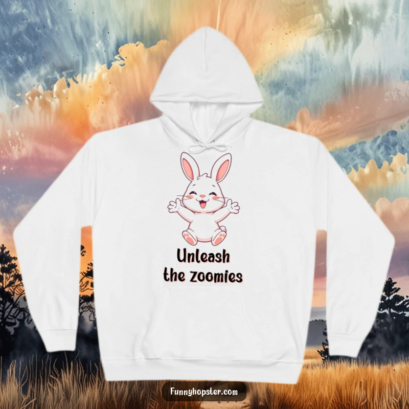 Funny hoodie featuring a happy rabbit with paws outstretched, ready to spring, exuding warmth and energetic vibes.